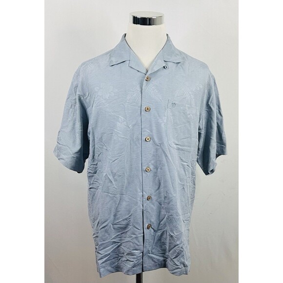 Mike Ditka Medium 100% Silk Hawaiian Aloha Shirt Blue Floral Jacquard Vacation - Picture 2 of 4